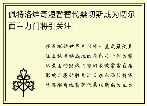 佩特洛维奇短暂替代桑切斯成为切尔西主力门将引关注